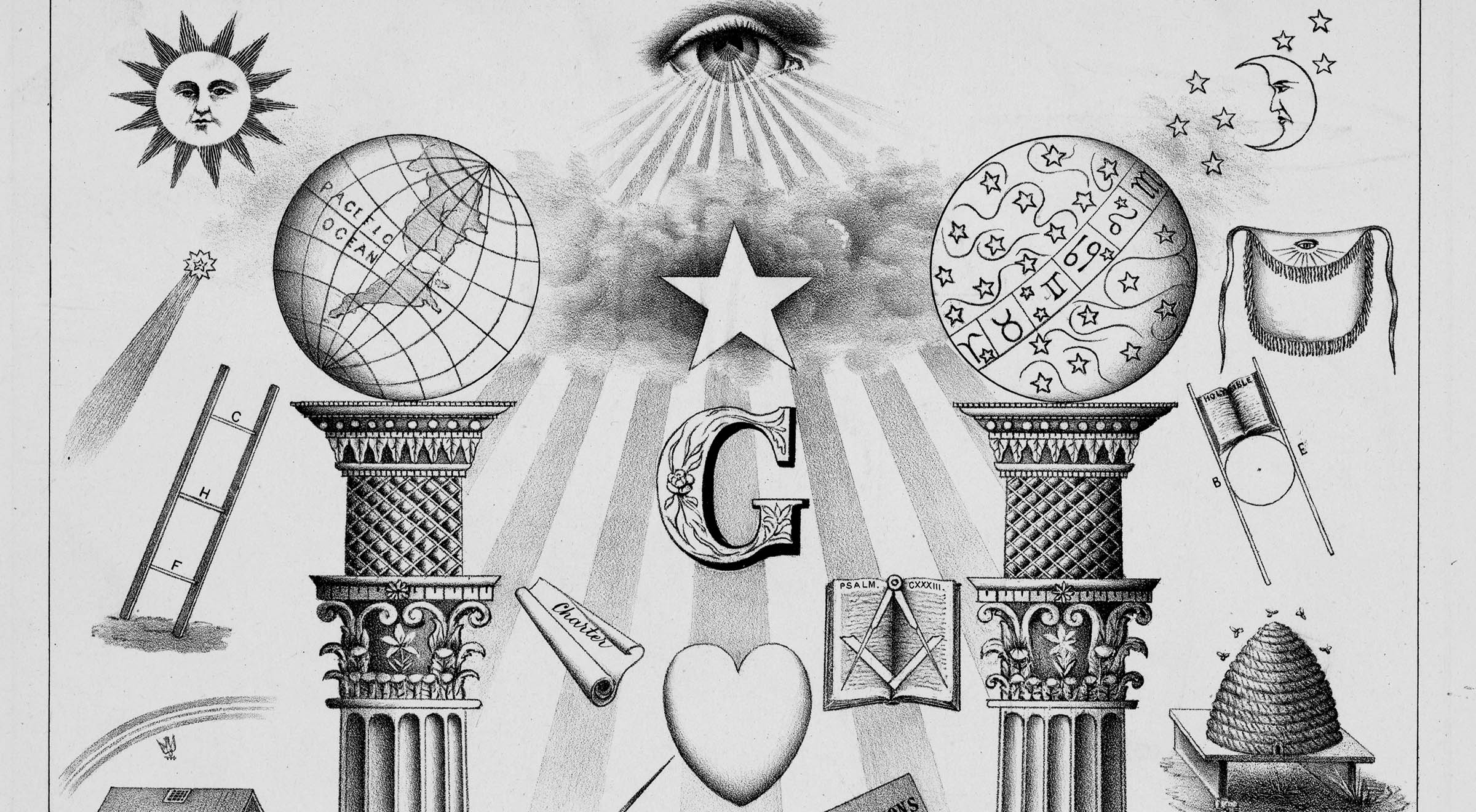 Detail of Masonic chart showing Boaz and Jachin